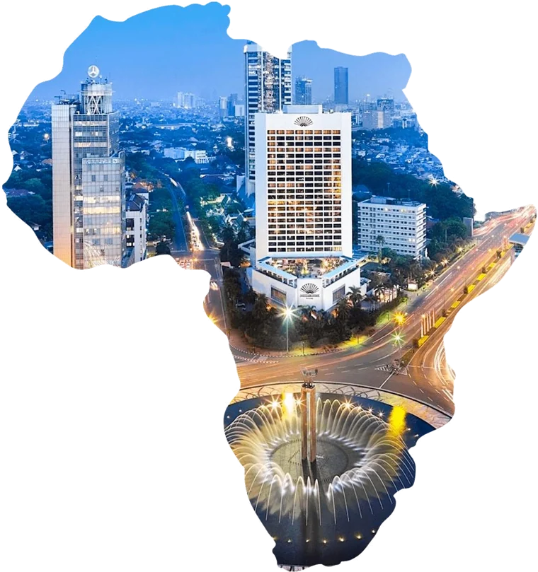 Map of Africa formed from a modern East African city skyline