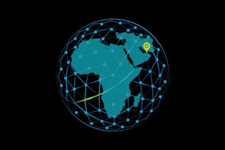 Network globe highlighting Africa and the East Africa corridor